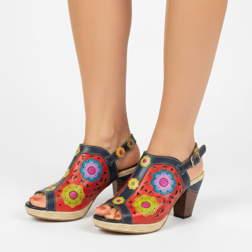 L’Artiste Leather Floral Print Patchwork Boho Platform Heel Sandal Shoes 37 6.5